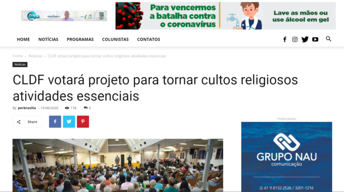 Por Brasília: CLDF votará projeto para tornar cultos religiosos atividades essenciais