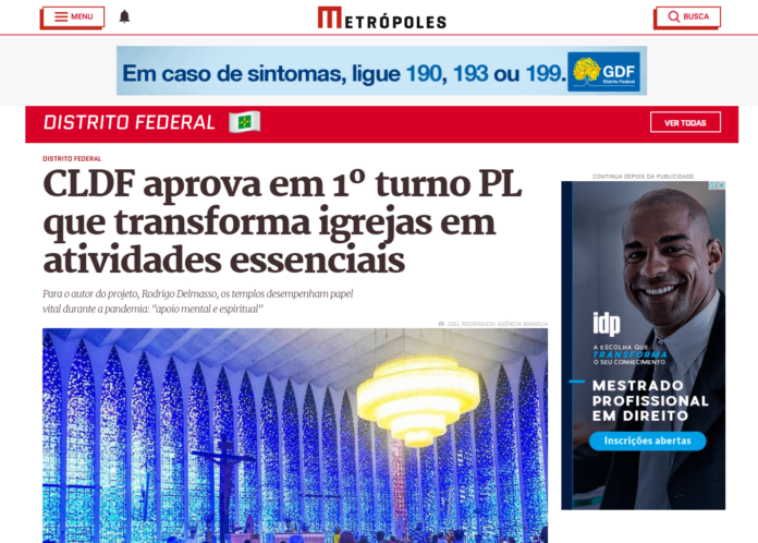 Metrópoles: CLDF aprova em 1º turno PL que transforma igrejas em atividades essenciais