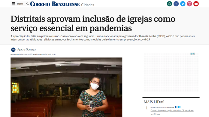 Correio Braziliense: Distritais aprovam inclusão de igrejas como serviço essencial em pandemias