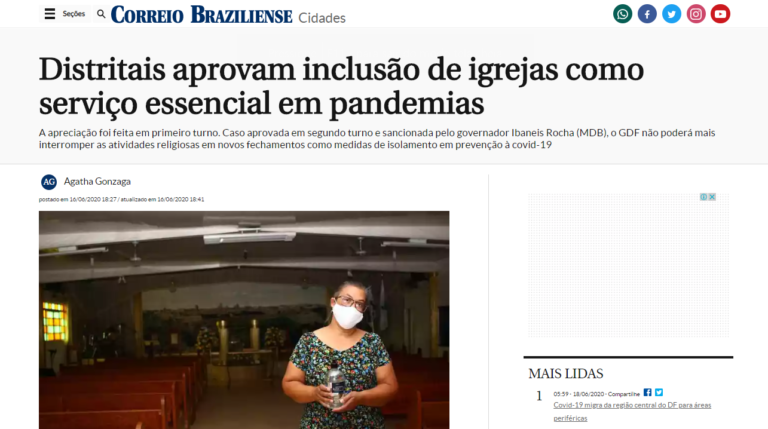 Correio Braziliense: Distritais aprovam inclusão de igrejas como serviço essencial em pandemias