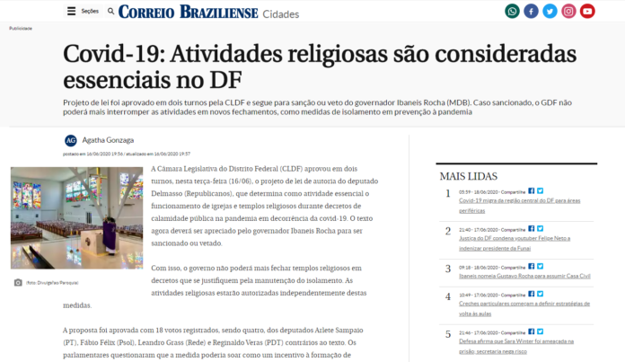 Correio Braziliense: Covid-19: Atividades religiosas são consideradas essenciais no DF