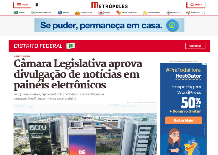 Metrópoles: Câmara Legislativa aprova divulgação de notícias em painéis eletrônicos