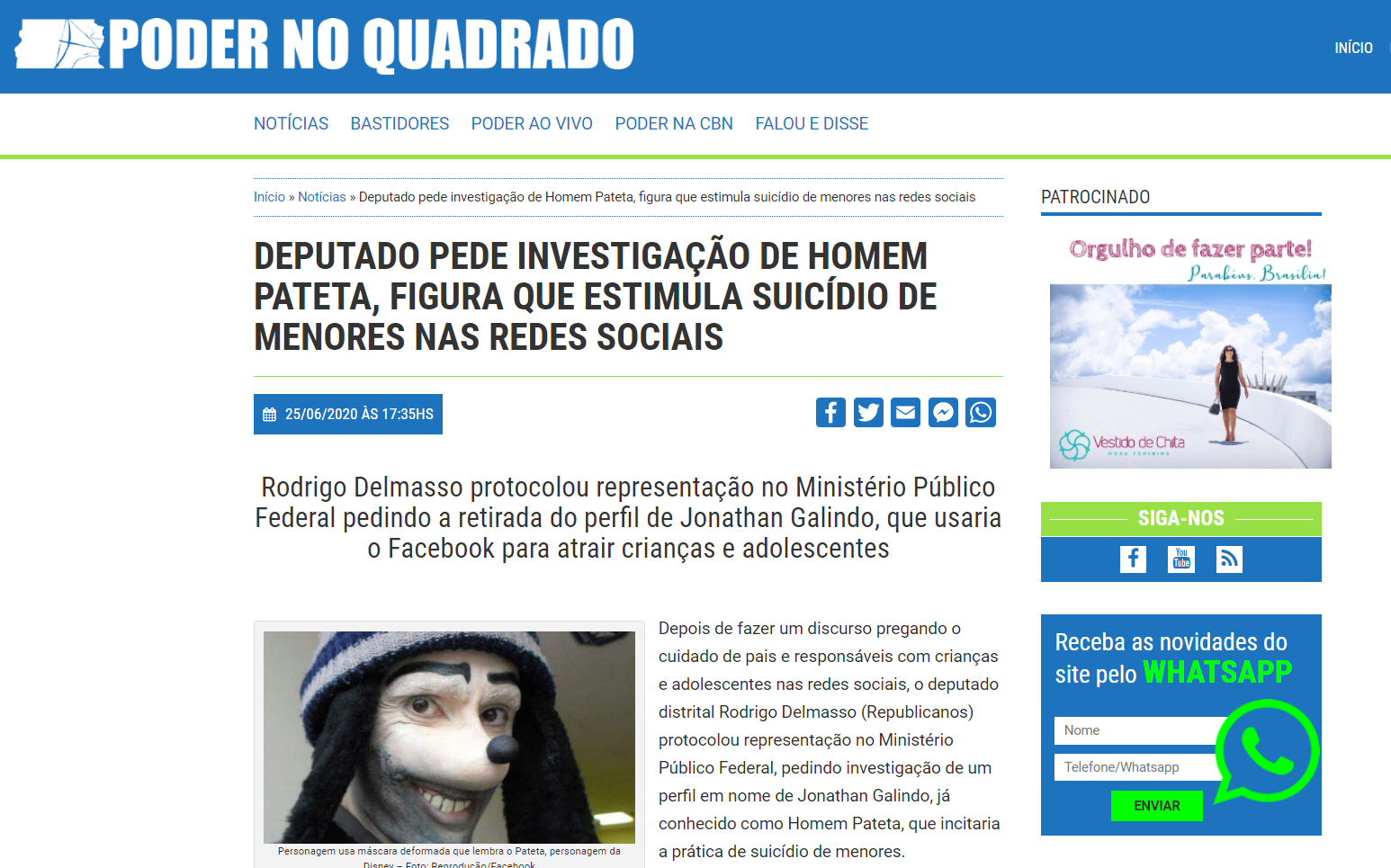 Pateta' das redes sociais perturba crianças e induz ao suicídio, alerta  polícia, Brasil