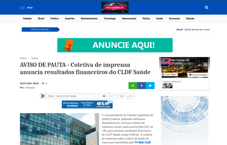 Pelo Mundo DF: AVISO DE PAUTA - Coletiva de imprensa anuncia resultados financeiros do CLDF Saúde