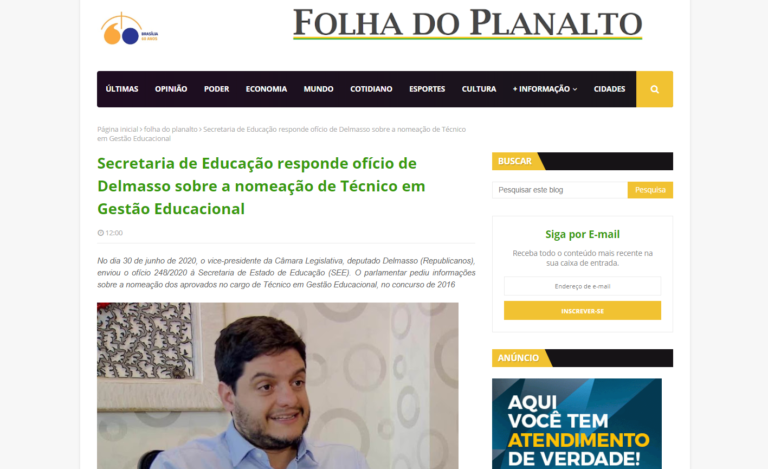 Folha do Planalto: Secretaria de Educação responde ofício de Delmasso sobre a nomeação de Técnico em Gestão Educacional