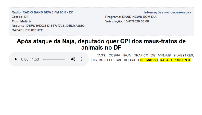 RÁDIO BAND NEWS FM 90,5 - DF: Após ataque da Naja, deputado quer CPI dos maus-tratos de animais no DF