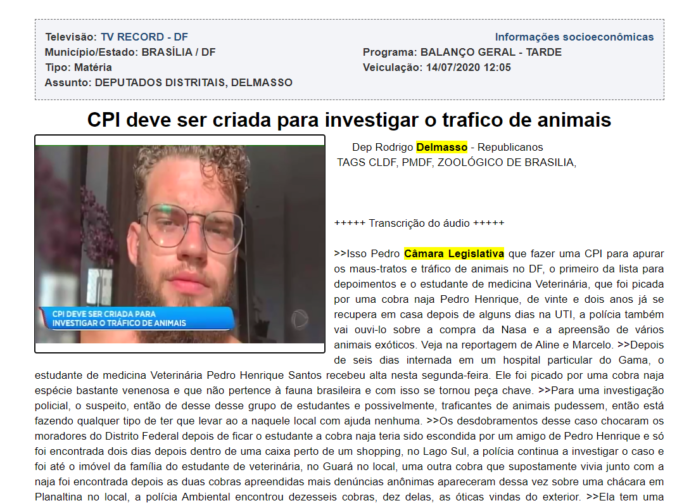 TV RECORD - DF: CPI deve ser criada para investigar o trafico de animais