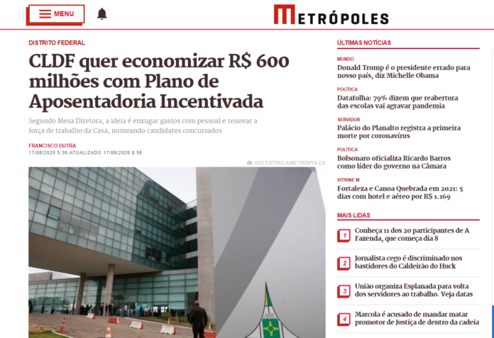 Metrópoles: CLDF quer economizar R$ 600 milhões com Plano de Aposentadoria Incentivada