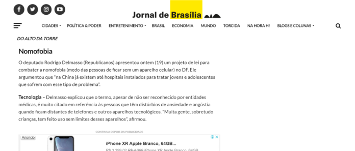 Jornal de Brasília, coluna Do Alto da Torre do dia 19 de agosto: Nomofobia