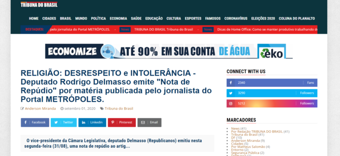 Tribuna do Brasil:RELIGIÃO: DESRESPEITO e INTOLERÂNCIA - Deputado Rodrigo Delmasso emite "Nota de Repúdio" por matéria publicada pelo jornalista do Portal METRÓPOLES.