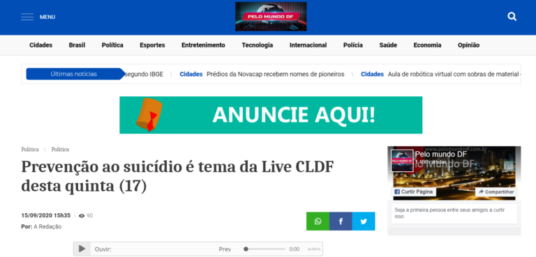 Pelo Mundo DF: Prevenção ao suicídio é tema da Live CLDF desta quinta (17)