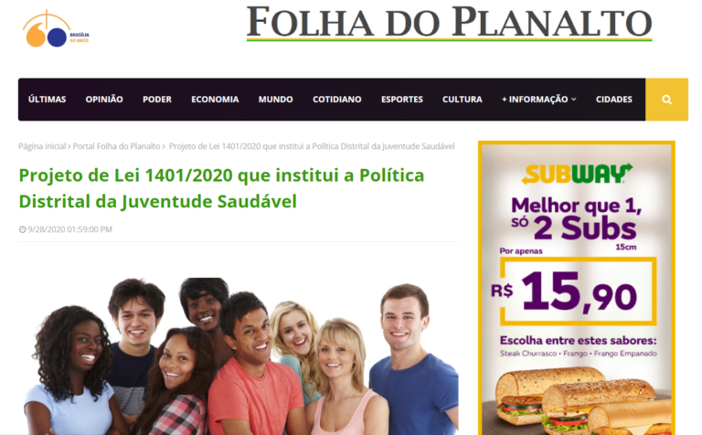 Folha do Planalto: Projeto de Lei 1401/2020 que institui a Política Distrital da Juventude Saudável