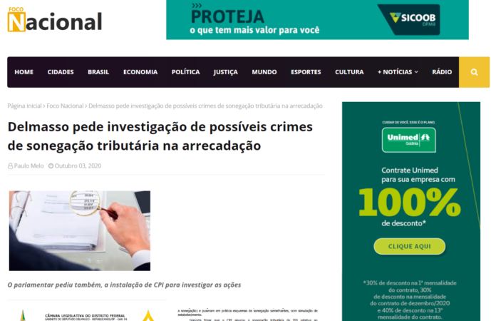 Foco Nacional: Delmasso pede investigação de possíveis crimes de sonegação tributária na arrecadação