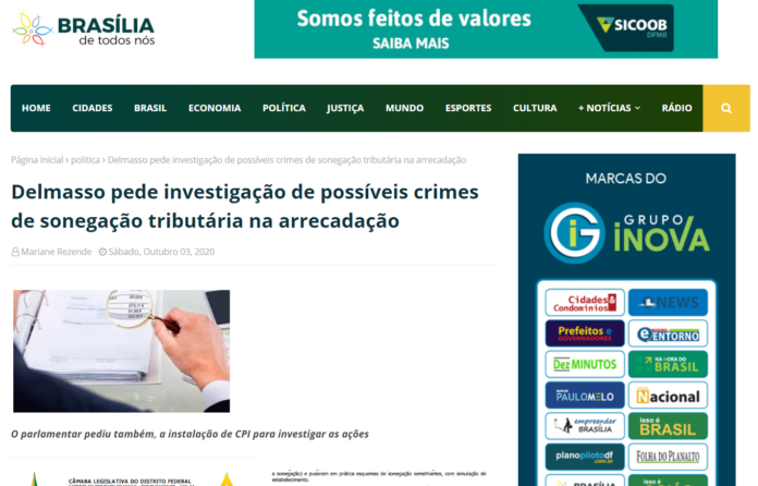 Brasília de Todos Nós: Delmasso pede investigação de possíveis crimes de sonegação tributária na arrecadação