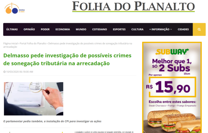 Folha do Planalto: Delmasso pede investigação de possíveis crimes de sonegação tributária na arrecadação Folha do Planalto: Delmasso pede investigação de possíveis crimes de sonegação tributária na arrecadação