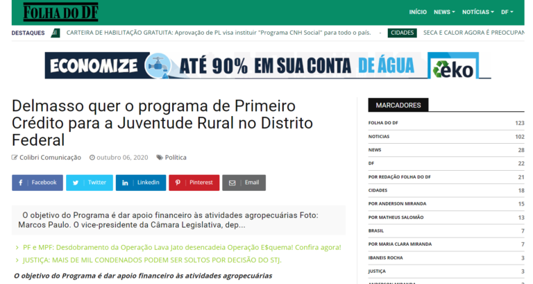 Folha do DF: Projeto de Delmasso cria o Programa Primeiro Crédito para a Juventude Rural