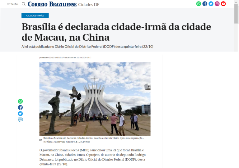 Correio Braziliense: Brasília é declarada cidade-irmã da cidade de Macau, na China