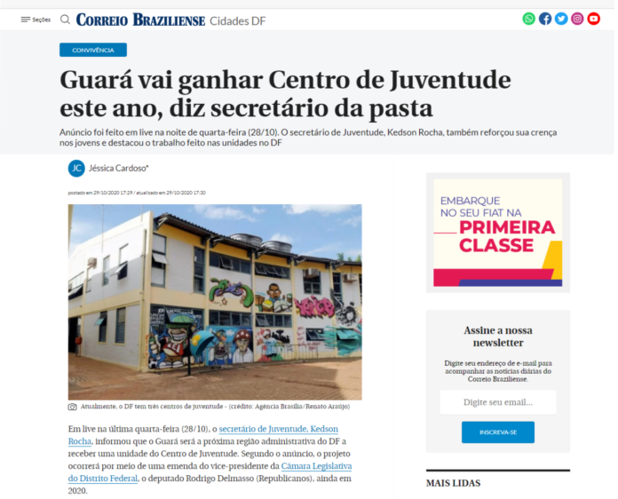 Correio Braziliense: Guará vai ganhar Centro de Juventude este ano, diz secretário da pasta