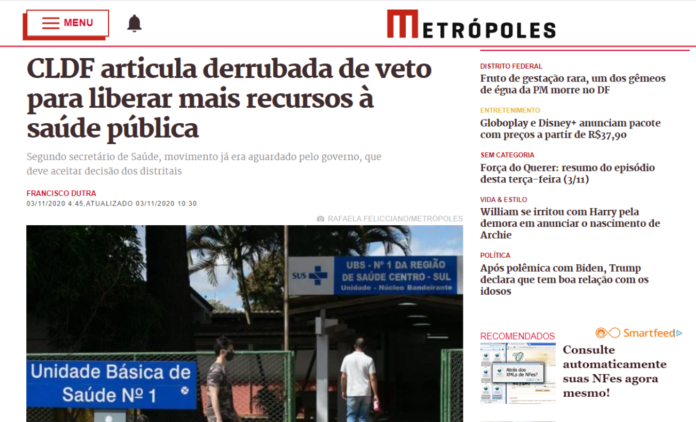 Metrópoles: CLDF articula derrubada de veto para liberar mais recursos à saúde pública