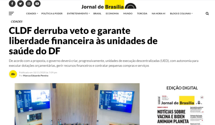 Jornal de Brasília: CLDF derruba veto e garante liberdade financeira às unidades de saúde do DF