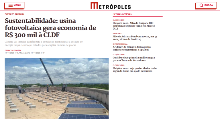 Metrópoles: Sustentabilidade: usina fotovoltaica gera economia de R$ 300 mil à CLDF