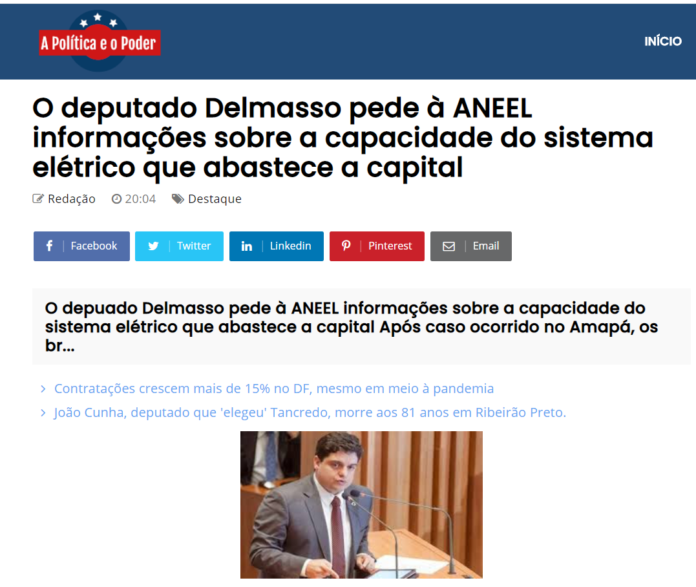A Política e o Poder: O deputado Delmasso pede à ANEEL informações sobre a capacidade do sistema elétrico que abastece a capital