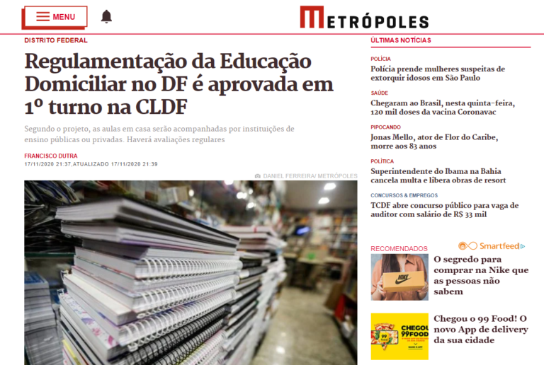 Metrópoles: Regulamentação da Educação Domiciliar no DF é aprovada em 1º turno na CLDF