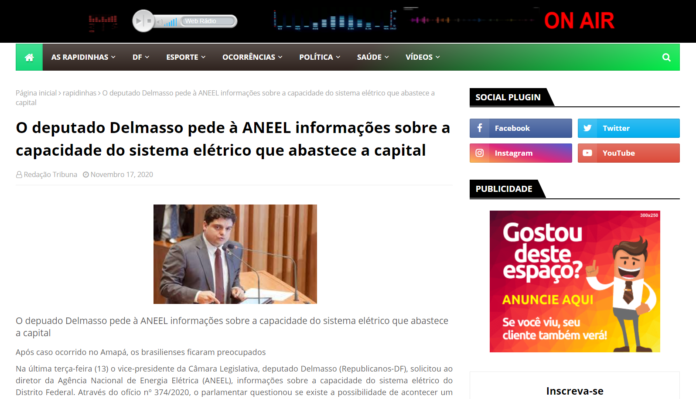 Tribuna FM Brasília: O deputado Delmasso pede à ANEEL informações sobre a capacidade do sistema elétrico que abastece a capital