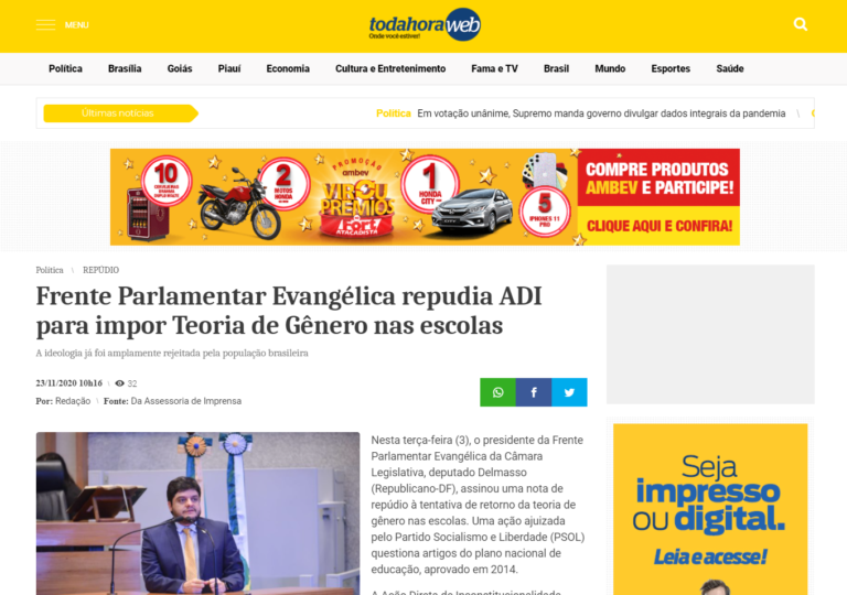 Toda Hora Web: Frente Parlamentar Evangélica repudia ADI para impor Teoria de Gênero nas escolas