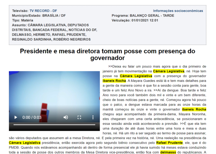 TV RECORD - DF: Presidente e mesa diretora tomam posse com presença do governador