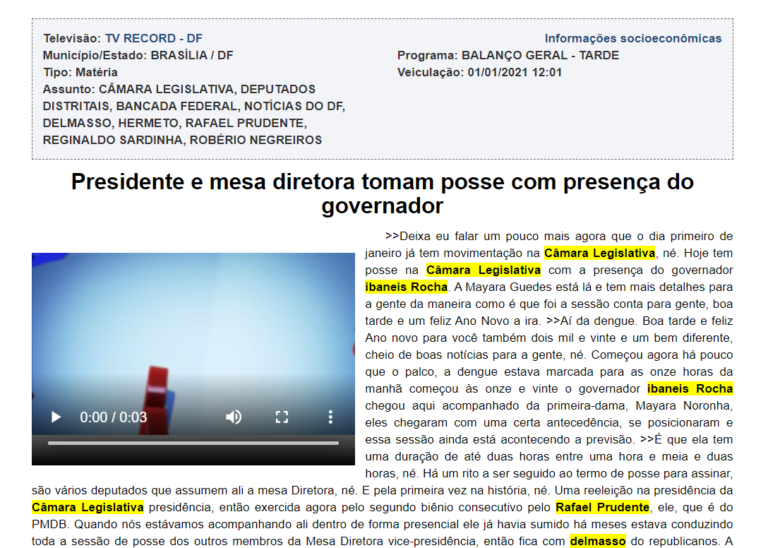 TV RECORD - DF: Presidente e mesa diretora tomam posse com presença do governador