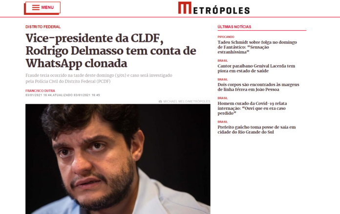 Metrópoles: Vice-presidente da CLDF, Rodrigo Delmasso tem conta de WhatsApp clonada