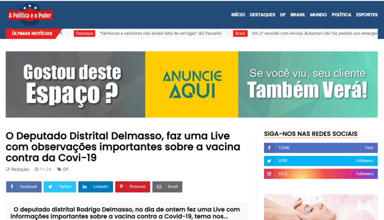 A Política e o Poder: O Deputado Distrital Delmasso, faz uma Live com observações importantes sobre a vacina contra da Covi-19