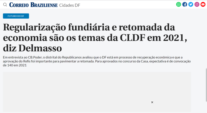 Correio Braziliense: Regularização fundiária e retomada da economia são os temas da CLDF em 2021, diz Delmasso