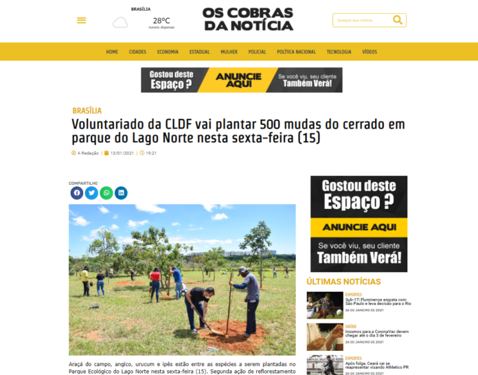 Os Cobras da Notícias: Voluntariado da CLDF vai plantar 500 mudas do cerrado em parque do Lago Norte nesta sexta-feira (15)