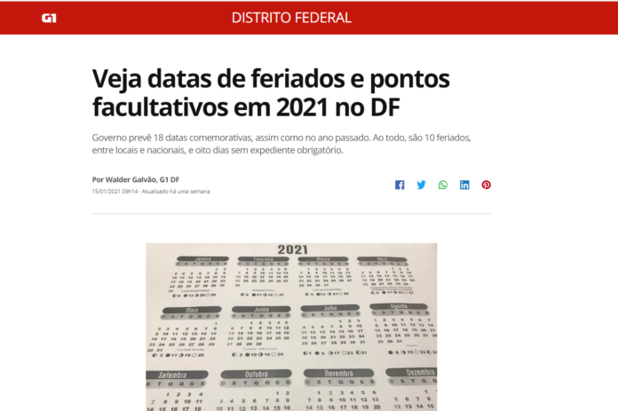 G1: Veja datas de feriados e pontos facultativos em 2021 no DF G1: Veja datas de feriados e pontos facultativos em 2021 no DF