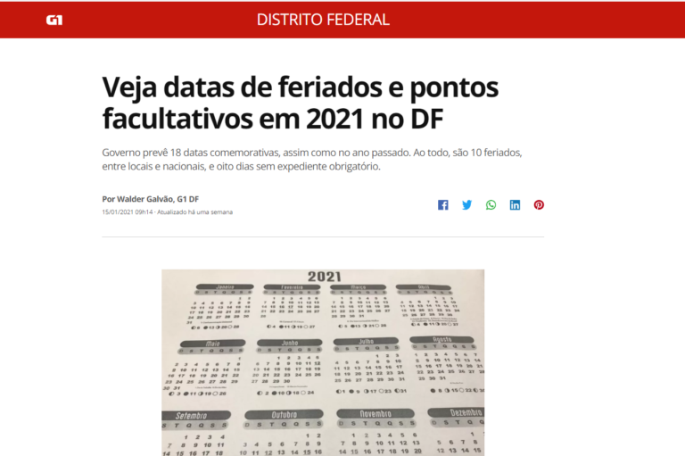 G1: Veja datas de feriados e pontos facultativos em 2021 no DF