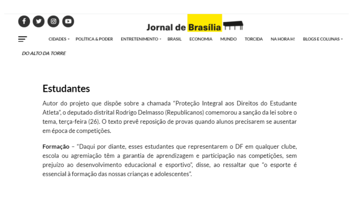 Jornal de Brasília, coluna Do Alto da Torre, 28 de janeiro: Proteção Integral aos Direitos do Estudante Atleta