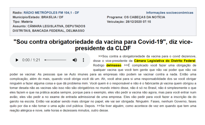Rádio Metrópoles: "Sou contra obrigatoriedade da vacina para Covid-19", diz vice-presidente da CLDF