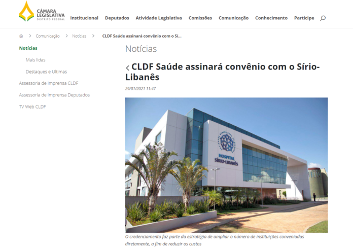 Site CLDF: CLDF Saúde assinará convênio com o Sírio-Libanês