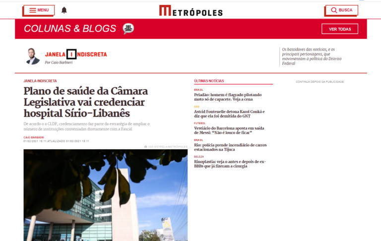 Metrópoles: Plano de saúde da Câmara Legislativa vai credenciar hospital Sírio-Libanês