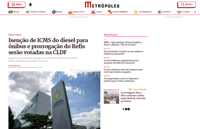 Metrópoles: Isenção de ICMS do diesel para ônibus e prorrogação do Refis serão votadas na CLDF