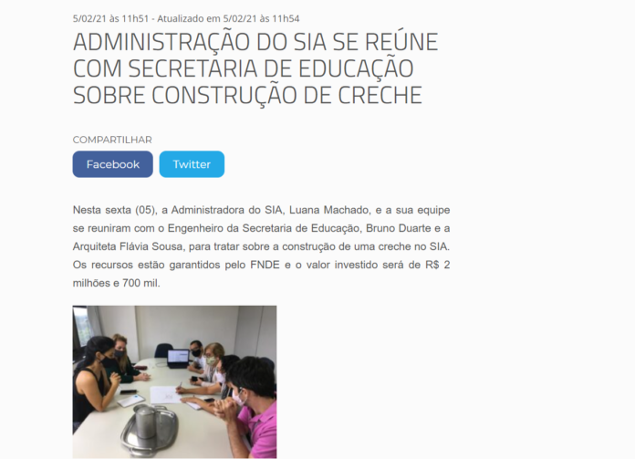 ADMINISTRAÇÃO DO SIA SE REÚNE COM SECRETARIA DE EDUCAÇÃO SOBRE CONSTRUÇÃO DE CRECHE