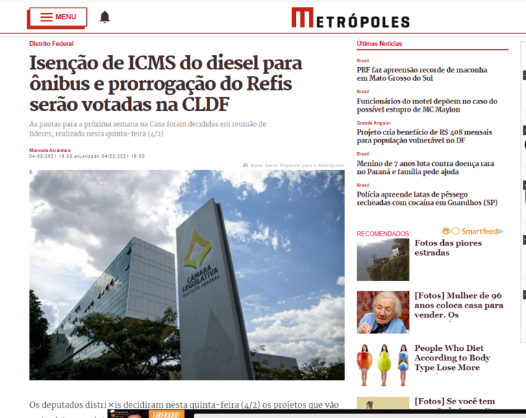 Metrópoles: Isenção de ICMS do diesel para ônibus e prorrogação do Refis serão votadas na CLDF