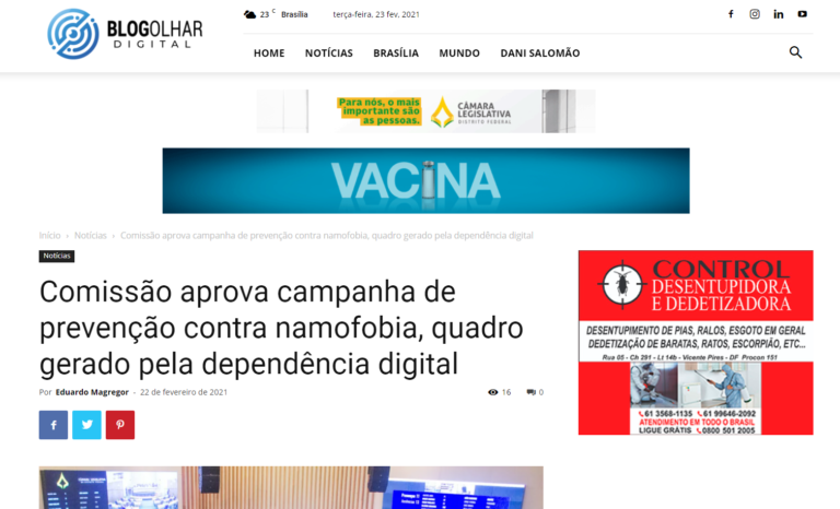 Blog Olhar Digital: Comissão aprova campanha de prevenção contra namofobia, quadro gerado pela dependência digital