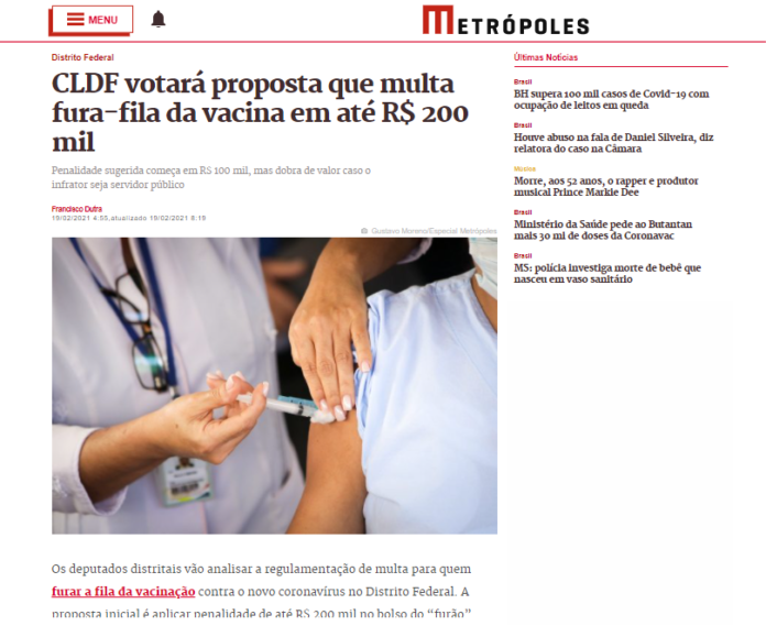 Metrópoles: CLDF votará proposta que multa fura-fila da vacina em até R$ 200 mil