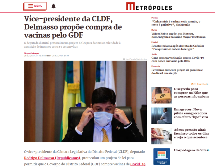 Metrópoles: Vice-presidente da CLDF, Delmasso propõe compra de vacinas pelo GDF