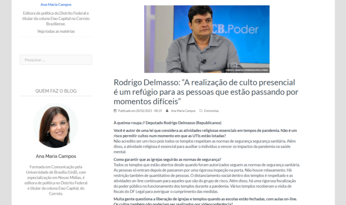 Correio Braziliense: Rodrigo Delmasso: “A realização de culto presencial é um refúgio para as pessoas que estão passando por momentos difíceis”