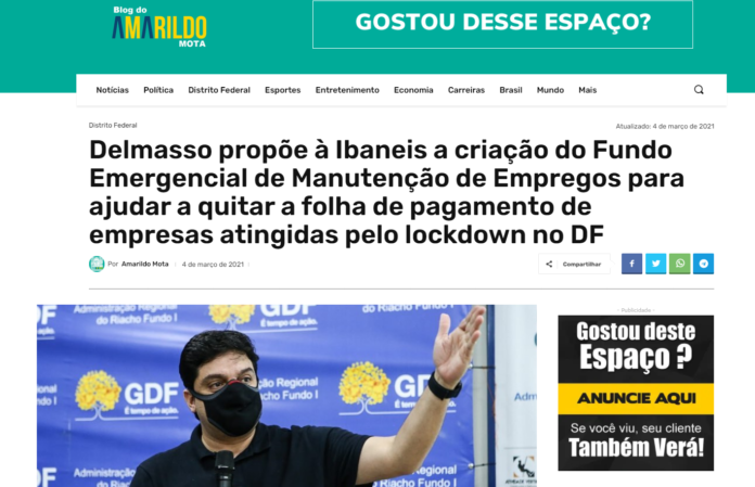 Blog do Amarildo: Delmasso propõe à Ibaneis a criação do Fundo Emergencial de Manutenção de Empregos para ajudar a quitar a folha de pagamento de empresas atingidas pelo lockdown no DF