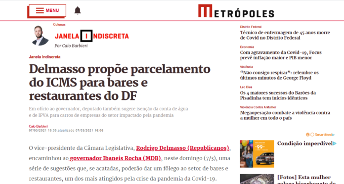 Metrópoles: Delmasso propõe parcelamento do ICMS para bares e restaurantes do DF